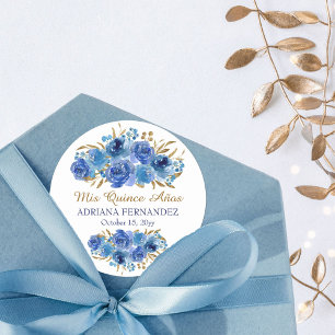Sticker Rond Rose bleu et feuille d'or Mis Quince Anos