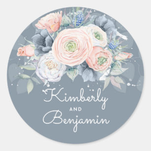 Sticker Rond Rose bleu et quartz  Floral Mariage