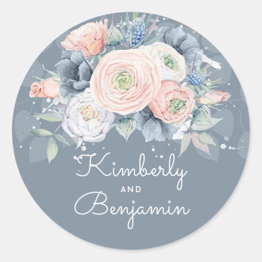 Sticker Rond Rose bleu et quartz Floral Mariage (Devant)