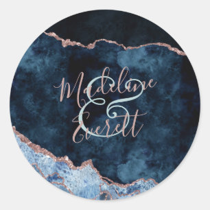 Sticker Rond Rose bleu marine Gold Agate Marbre Monogramme Mari