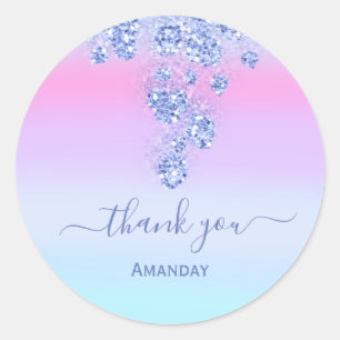 Sticker Rond Rose Bleu Pailleté Mariage Remerciement Sweet16th