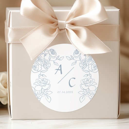 Sticker Rond Rose Bleue Poussiéreuse Monogramme Floral de Maria