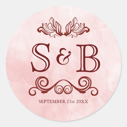 Sticker Rond Rose Blush Aquarelle Mariage Monogramme (Devant)