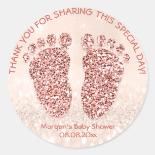 Sticker Rond Rose Blush Parties scintillant Pieds Baby shower F