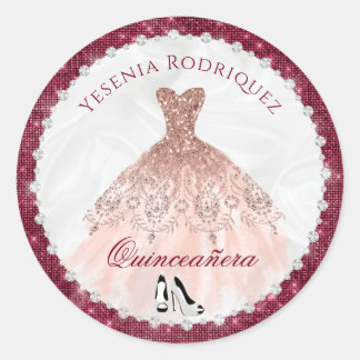 Sticker Rond Rose Bourgogne Gold Sparkle Glam Quinceañera