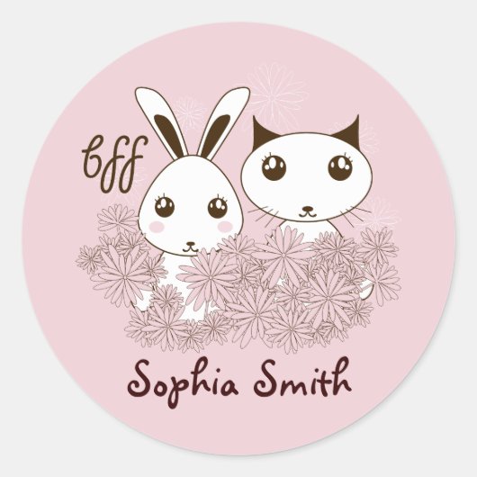 Sticker Rond Rose Cute Kitten Bunny Animal Friends Enfants Nom (Devant)