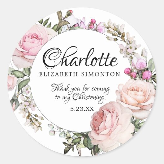 Sticker Rond Rose d'aquarelle rose Christening personnalisé (Devant)