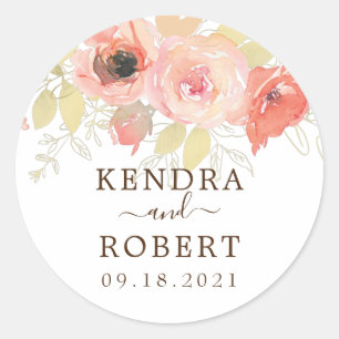 Sticker Rond Rose de corail rose et Feuille d'or Mariage floral