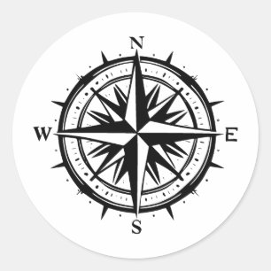 Sticker Rond Rose de la boussole noir et blanc