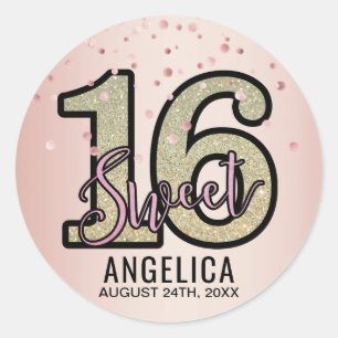 Sticker Rond Rose de Parties scintillant personnalisé Sweet six