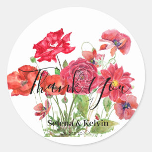 Sticker Rond rose de pavot rouge dahlia ranunculus bouquet
