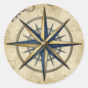 Sticker Rond Rose des vents vintage nautique