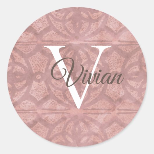 Sticker Rond Rose Dusky Avec Nom De Monogramme Blanc (Devant)