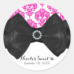 Sticker Rond Rose et Blanc Damassé Nœud Noir Glamour Fête Douze
