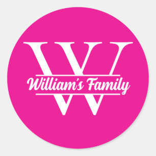 Sticker Rond Rose et Blanc Monogramme de nom de famille simpl