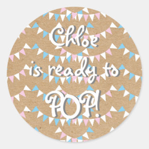 Sticker Rond Rose et Bleu Bunting Prête à éclater ! Baby Shower