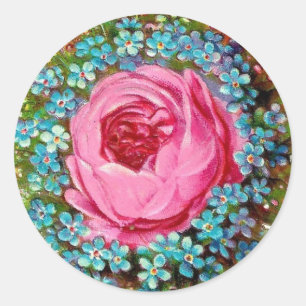 Sticker Rond Rose et Fleurs Bleues Victoriennes vintages