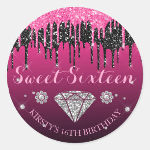 Sticker Rond Rose et Noir Paillettes Coulée Diamant Sweet Sixte