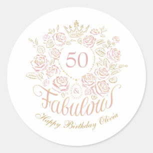 Sticker Rond Rose et Or Élégant Floral 50 ans et Incroyable Ann