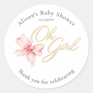 Sticker Rond Rose et Or « Oh Girl » Typographie Or Baby Shower