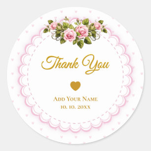 Sticker Rond Rose et Or Script "Merci avec beaucoup d'amour"