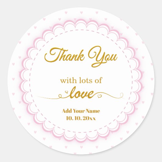 Sticker Rond Rose et Or Script "Merci avec beaucoup d'amour" (Devant)