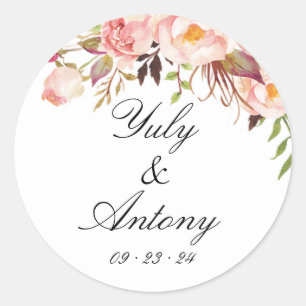 Sticker Rond Rose et Peach Moderne Mariage aquarelle