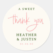 Sticker Rond Rose et Vert Un doux Merci Cadeau de Mariage (Devant)