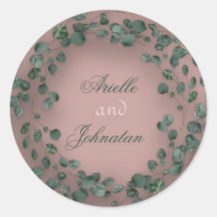 Sticker Rond Rose Eucalyptus Wreath Nom du Mariage Favoriser Ve