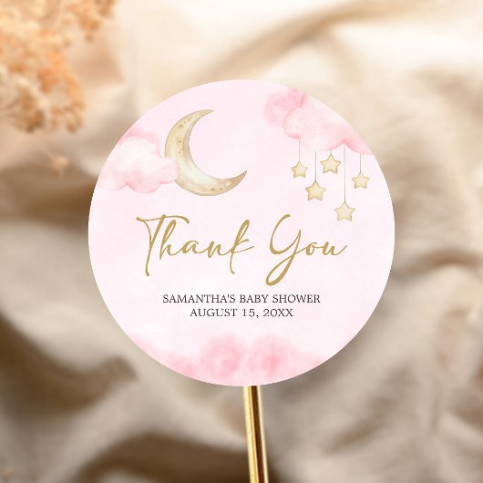 Sticker Rond Rose Fête de Bébé Over the Moon