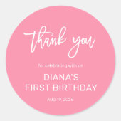 Sticker Rond Rose fille 1er anniversaire Merci (Devant)