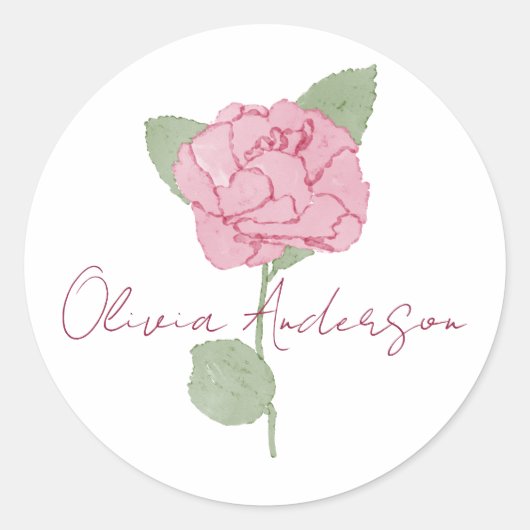 Sticker Rond Rose Fleur Aquarelle Minimaliste Nom Personnalisé (Devant)