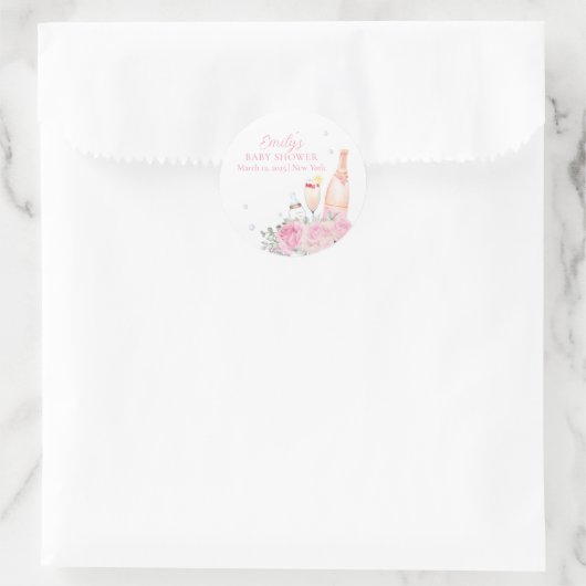 Sticker Rond Rose Fleur Poppin Champagne Bouteilles Baby shower (Sac)