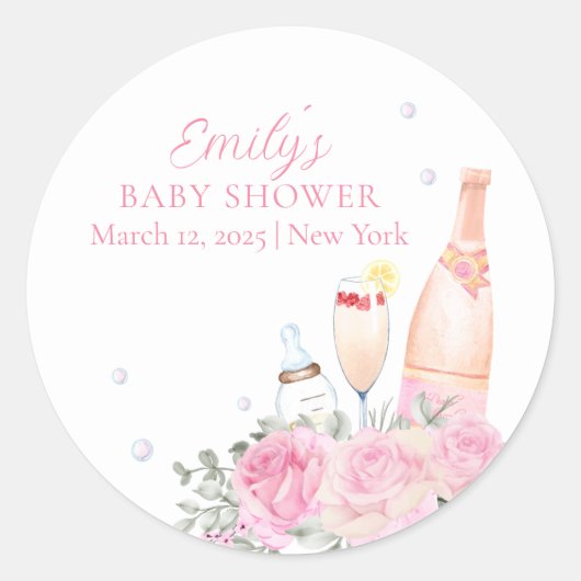 Sticker Rond Rose Fleur Poppin Champagne Bouteilles Baby shower (Devant)