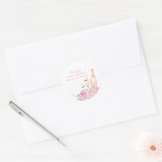 Sticker Rond Rose Fleur Poppin Champagne Bouteilles Baby shower (Enveloppe)