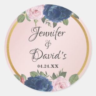 Sticker Rond Rose Floral Marine bleu Blush rose Mariage or