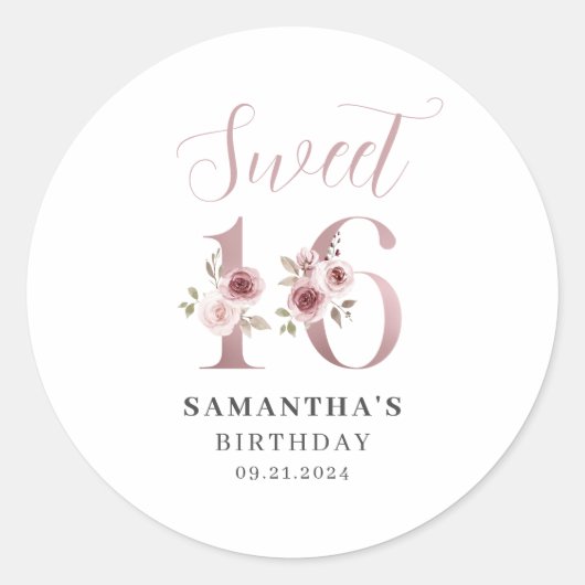 Sticker Rond Rose Floral Sweet 16 Anniversaire (Devant)