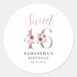 Sticker Rond Rose Floral Sweet 16 Anniversaire