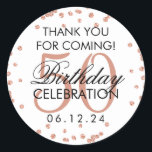 Sticker Rond Rose Gold 50e anniversaire Merci Parties scintilla<br><div class="desc">Elégant 50e anniversaire "Merci" Rose Gold Faux Parties scintillant Confetti Blanc préférence tag modèle.</div>