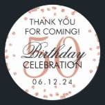 Sticker Rond Rose Gold 50e anniversaire Merci Parties scintilla<br><div class="desc">Elégant 50e anniversaire "Merci" Rose Gold Faux Parties scintillant Confetti Blanc préférence tag modèle.</div>