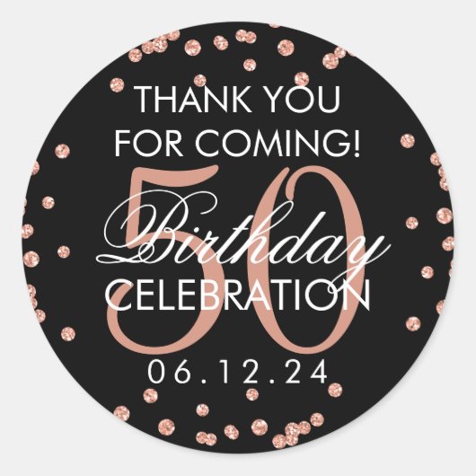 Sticker Rond Rose Gold Black 50e anniversaire Merci Confetti (Devant)