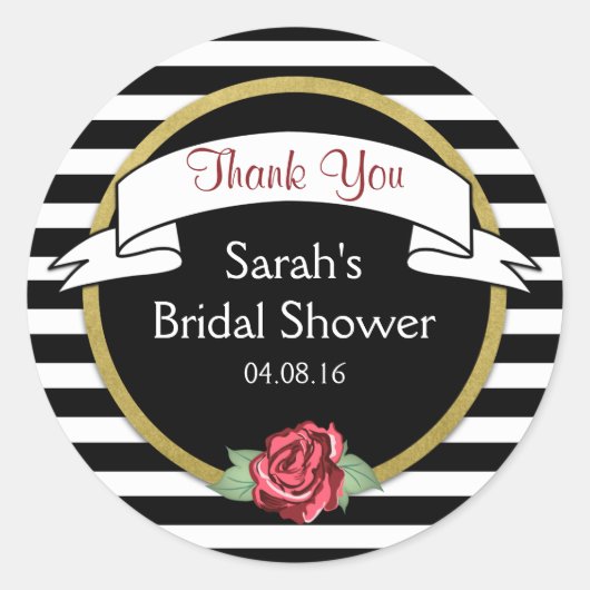 Sticker Rond Rose Gold Black Stripes Fête des mariées Merci (Devant)