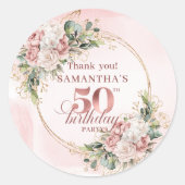 Sticker Rond Rose Gold Blush Floral Greenery 50th Birthday  (Devant)
