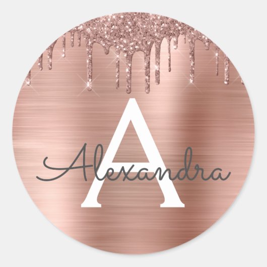 Sticker Rond Rose Gold - Blush Rose Pailleté Métal Monogramme N (Devant)