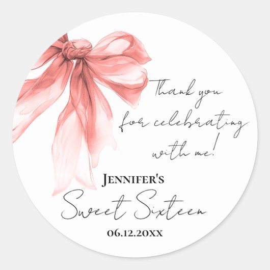 Sticker Rond Rose Gold Bow Coquette Script Merci Sweet 16 (Devant)