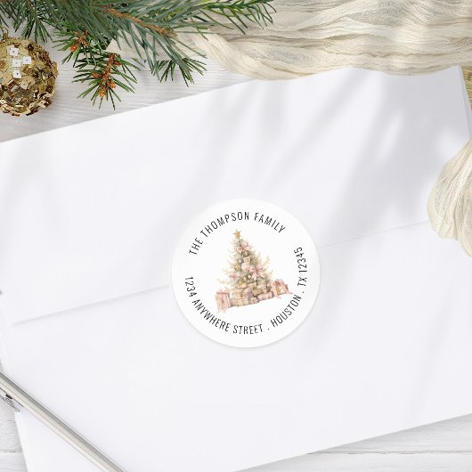 Sticker Rond Rose Gold Christmas Tree Retourner Nom Adresse