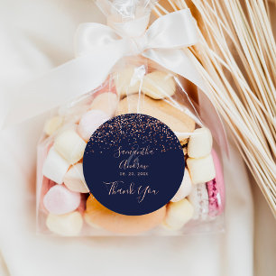 Sticker Rond Rose gold confettis typographie bleu marine merci