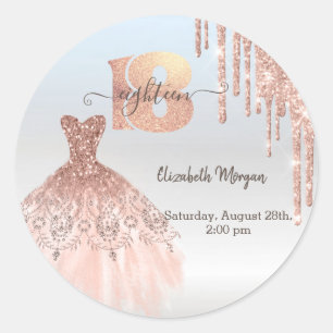 Sticker Rond Rose Gold Drips Robe Argent 18ème Anniversaire