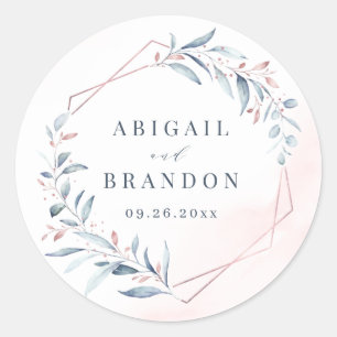 Sticker Rond Rose Gold Dusty Blue Greenery Mariage géométrique