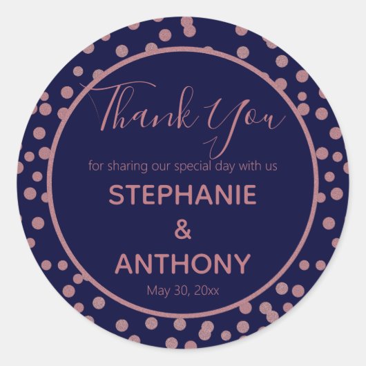 Sticker Rond Rose Gold et Marine Blue Confetti Merci Mariage (Devant)